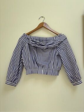 Zara Navy and White Off-Shoulder Striped Crop Blouse